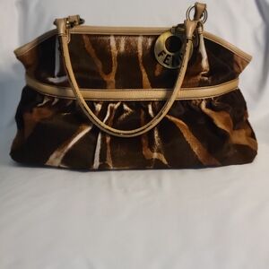 Fendi Vintage Rare Brown & Tan Pony fur Leather Hand Bag, Tiger Print